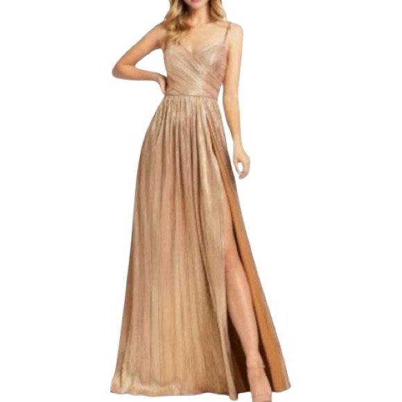 Ieena For Mac Duggal 26275 High Slit Metallic Rose Gold Ruched Gown Size 6 Nwt